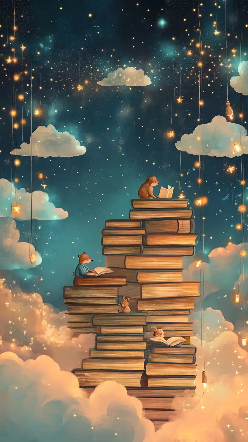 Pastel storybooks with tiny animals under glowing fairy lights