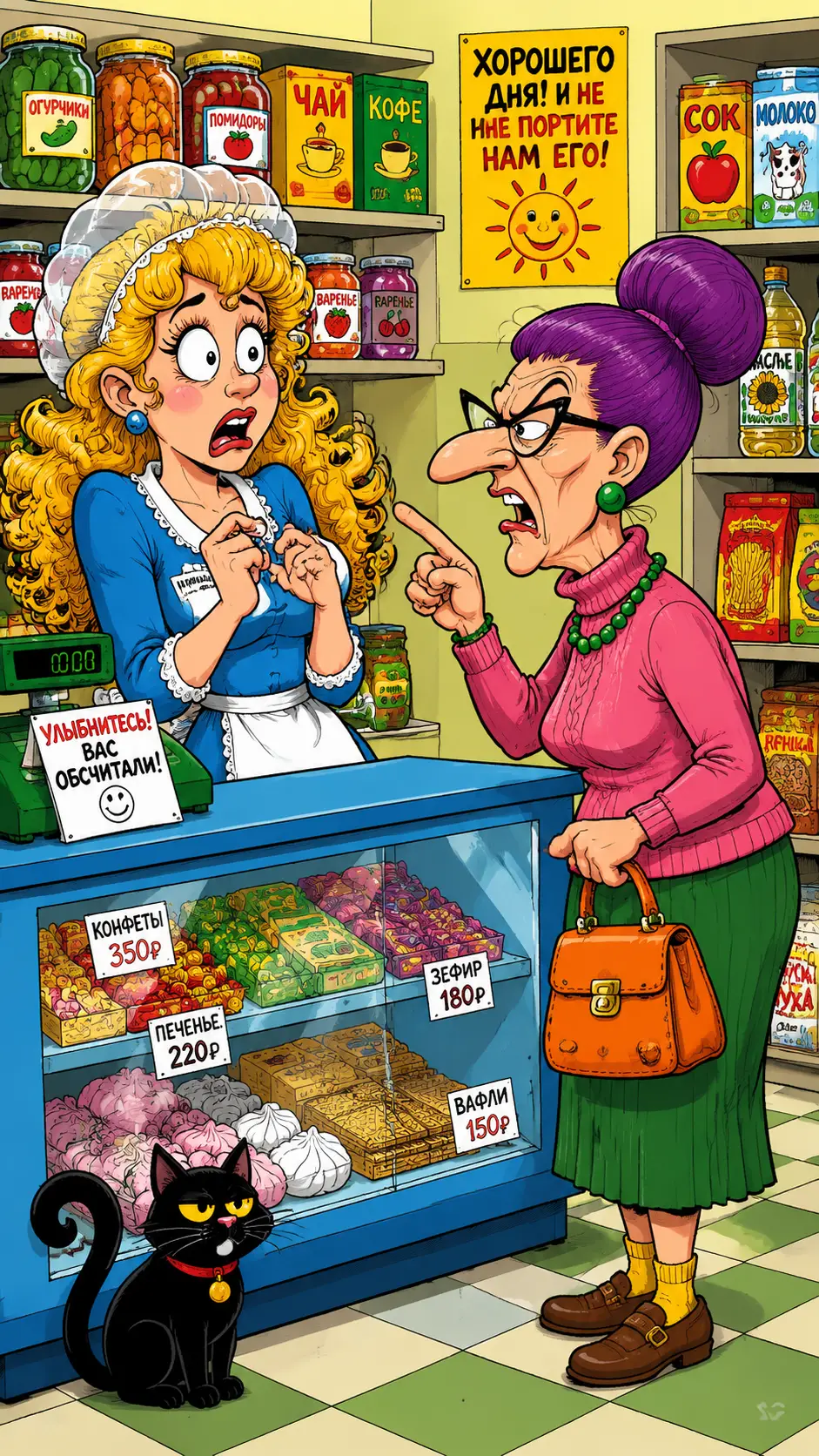 Comic scene of two women arguing in a grocery store