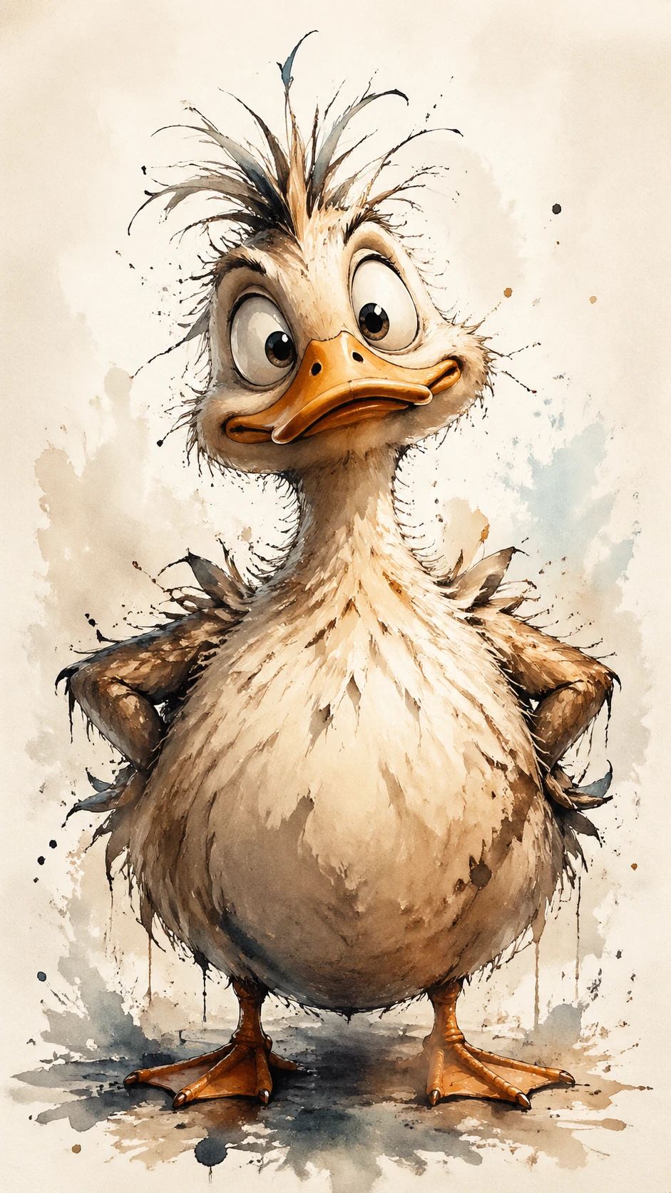 Round duck portrait with oversized eyes and messy feathers