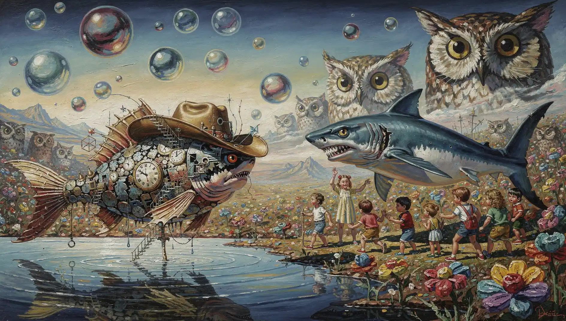 Surreal dreamscape with floating spheres above calm reflective water