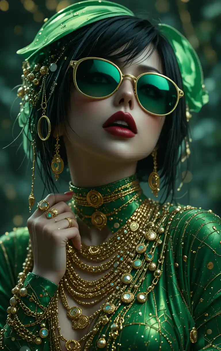 Futuristic fashion woman in green with bold gold jewelry