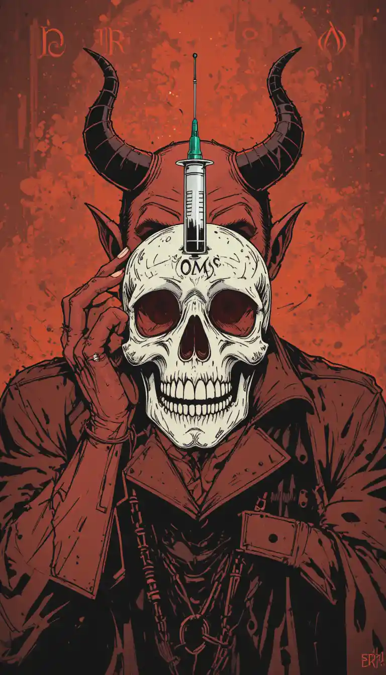Devil holding letters and syringe inside a skull