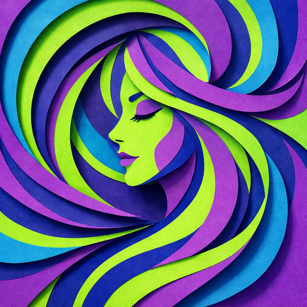 Abstract neon woman in swirling papercraft illusion