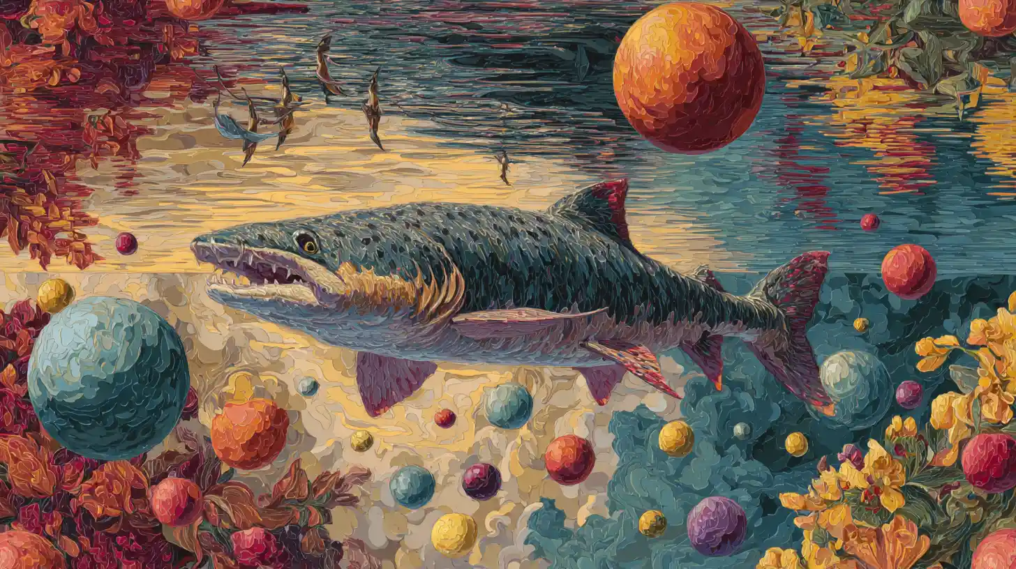 Surreal dreamscape with floating spheres over calm reflective water