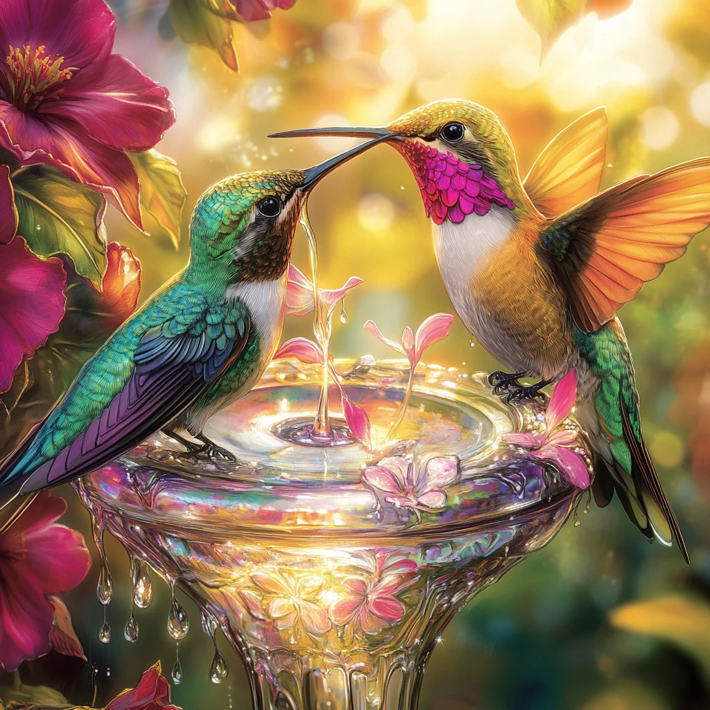 Colorful hummingbirds gathered around a glass nectar feeder