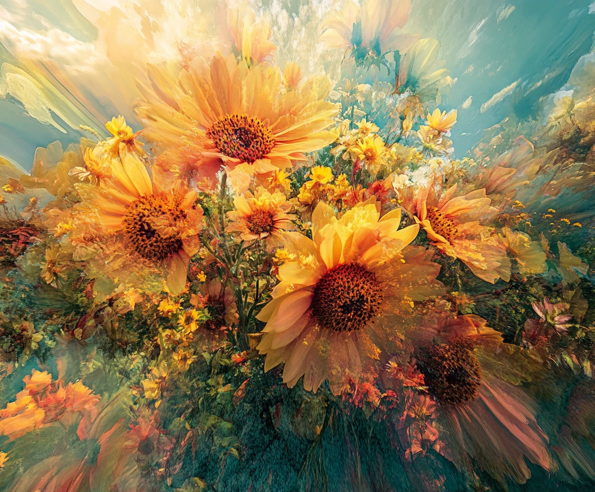Surreal illusion of a flower in a layered abstract scene