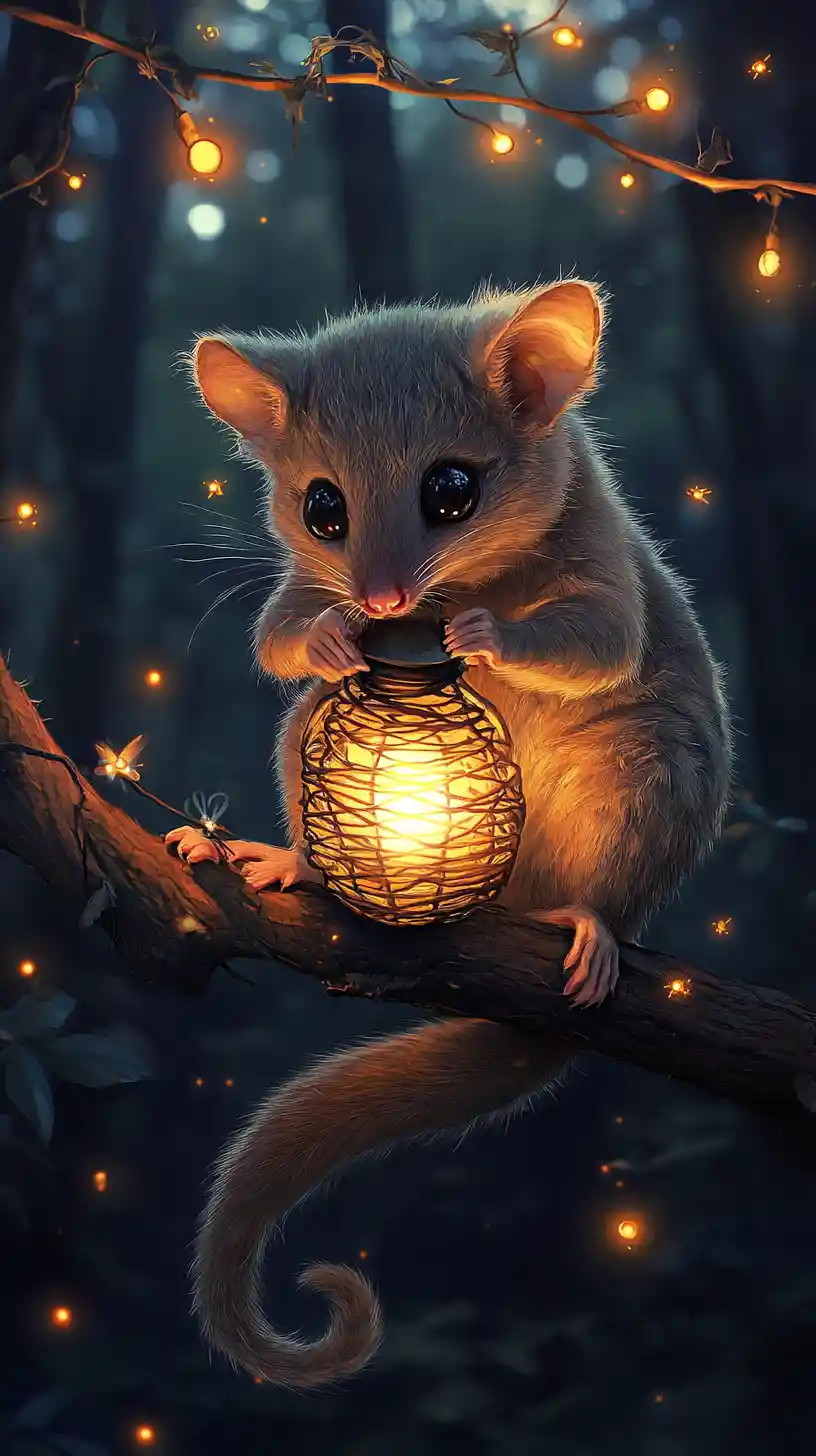 Brushtail possum with glowing lantern above a forest canopy