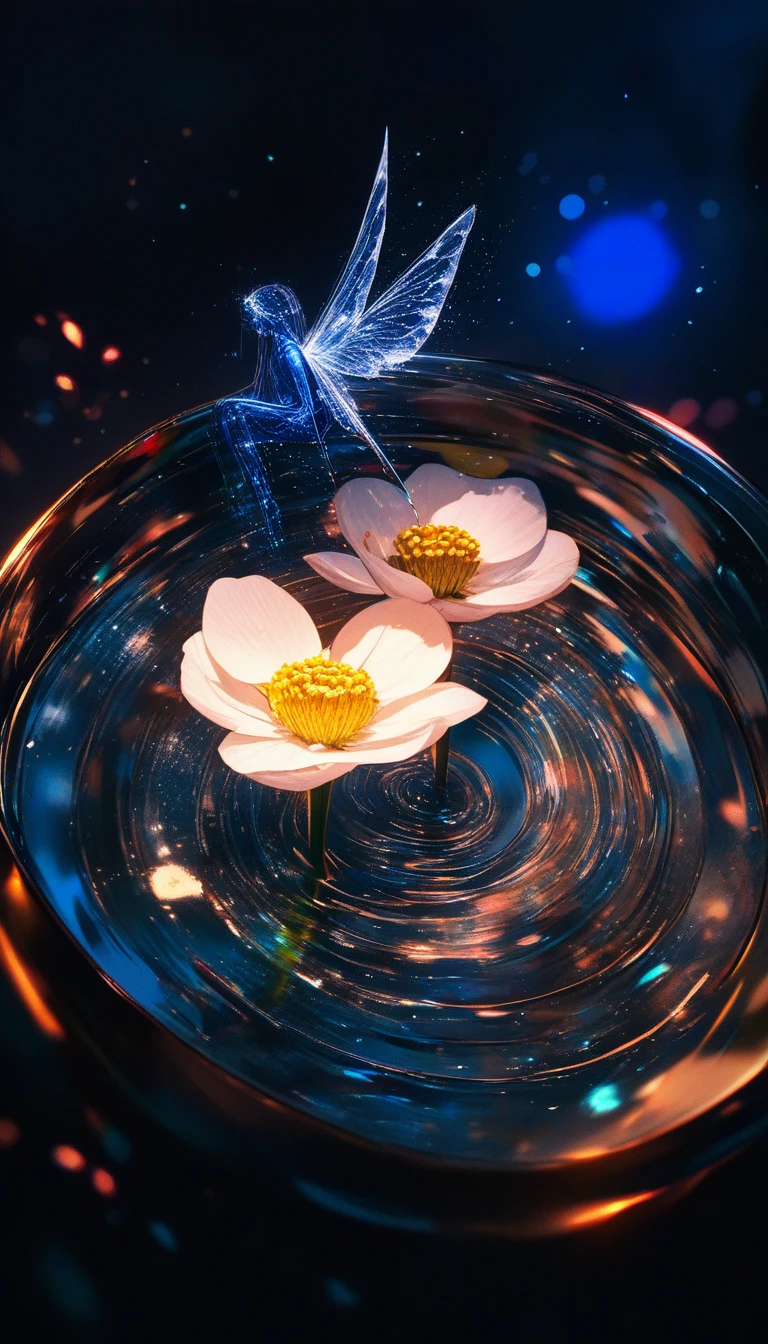 Blue fairy resting inside a blooming flower
