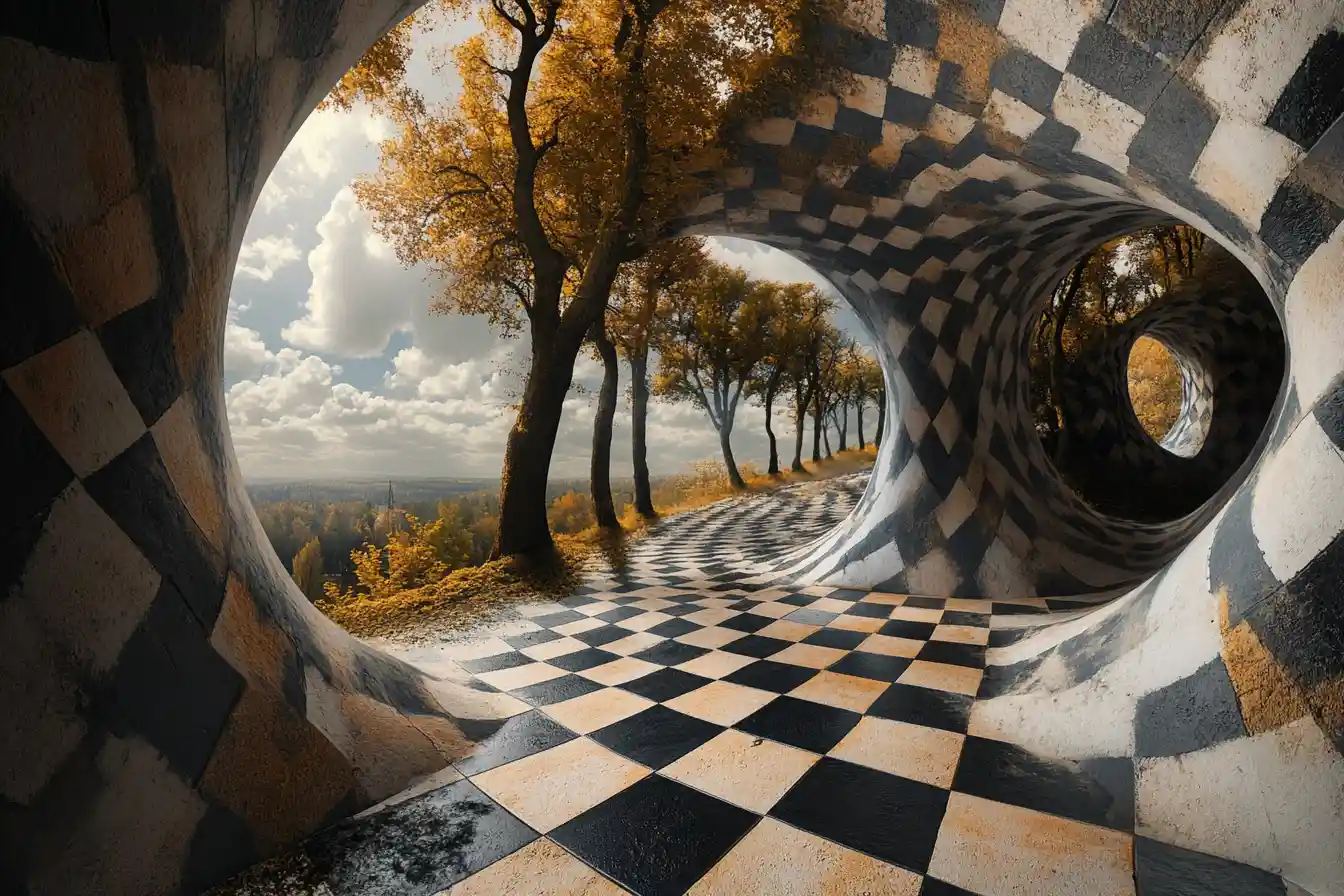 Surreal optical illusion artwork with multiple overlapping images