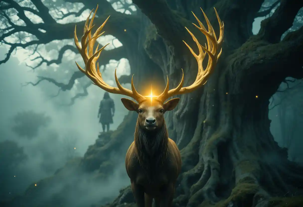 Mythical nordic stag before ancient world tree