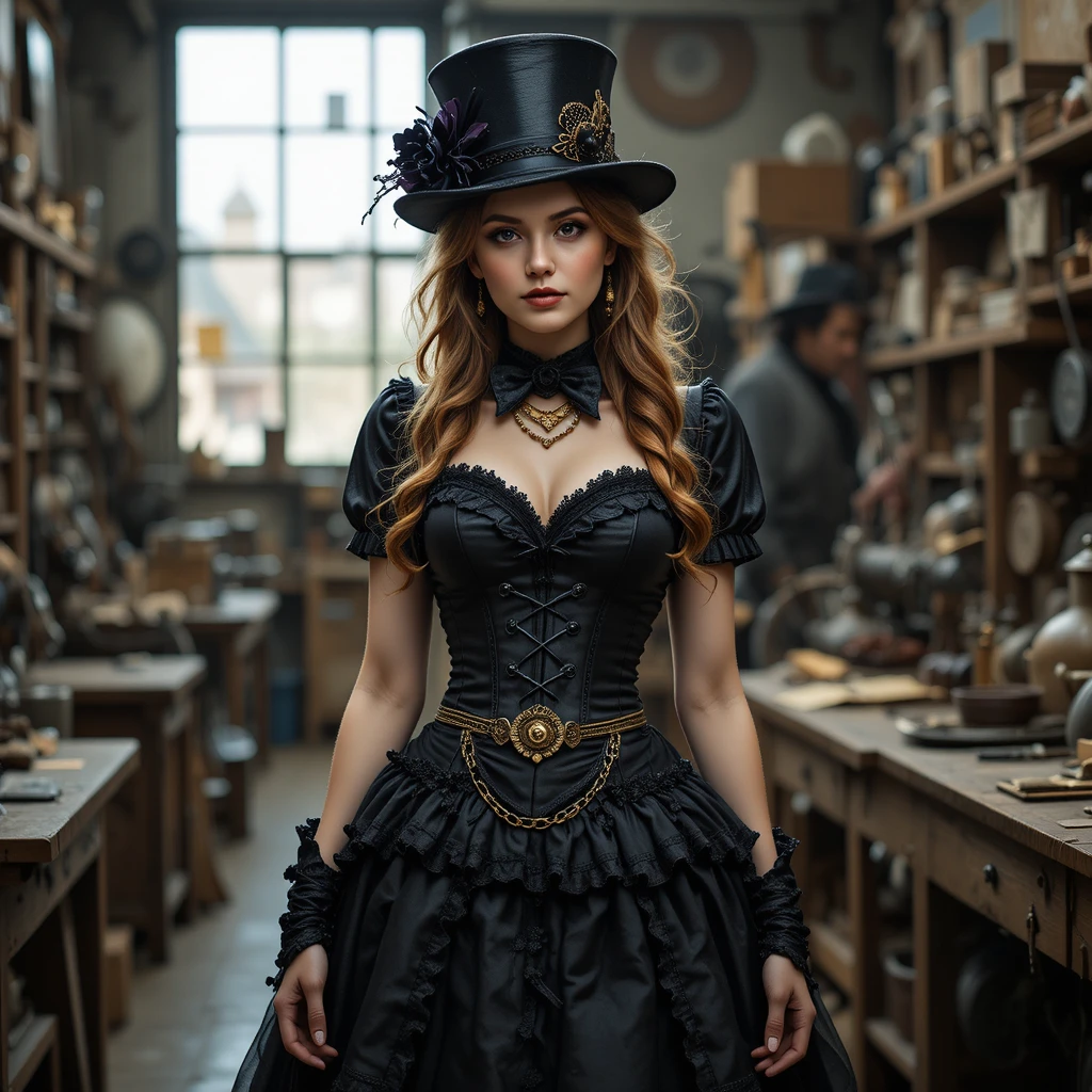 Steampunk woman in black corset dress in a vintage workshop