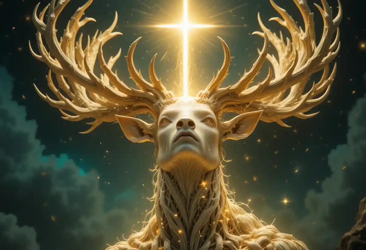 Cosmic stag deity fused with the luminous world tree