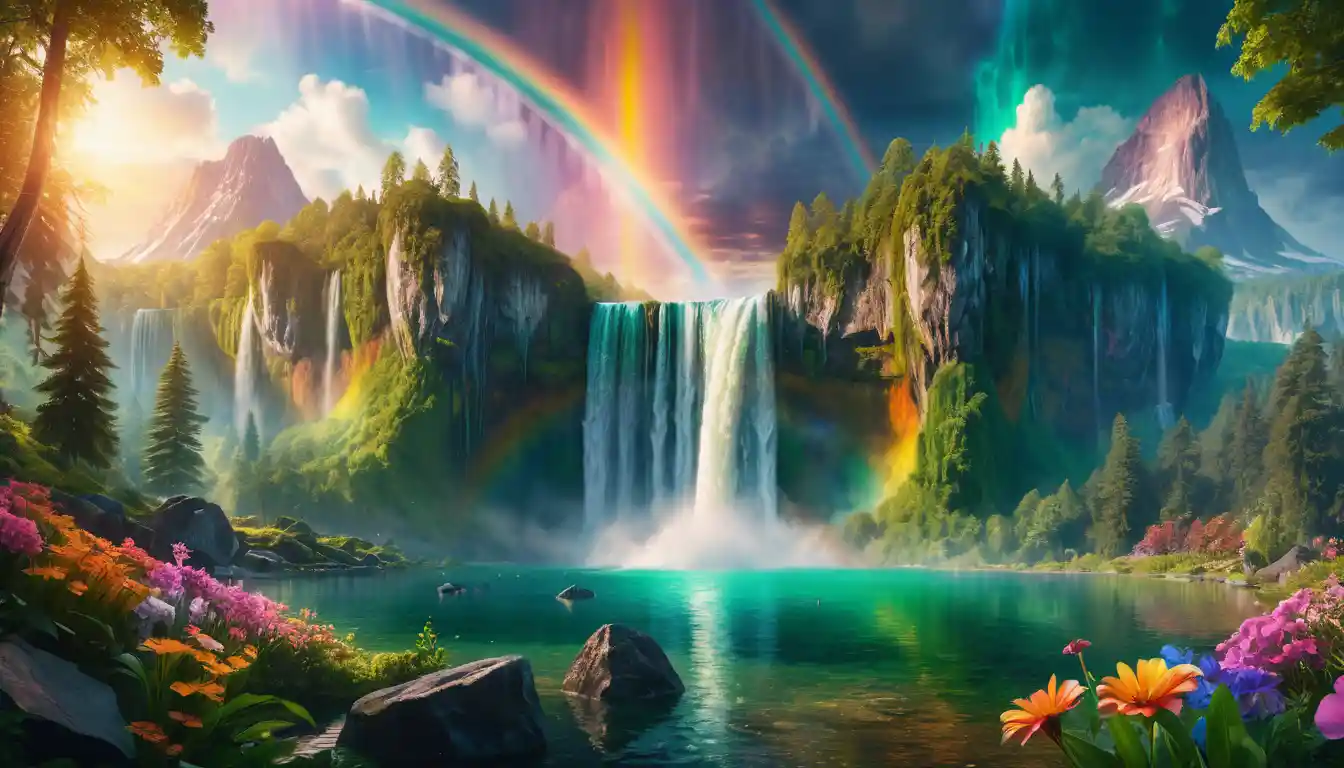 Magical waterfall landscape in an emerald fantasy forest