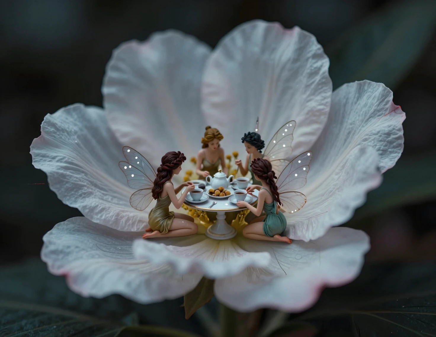 Three tiny fairies enjoying afternoon tea inside a blooming flower