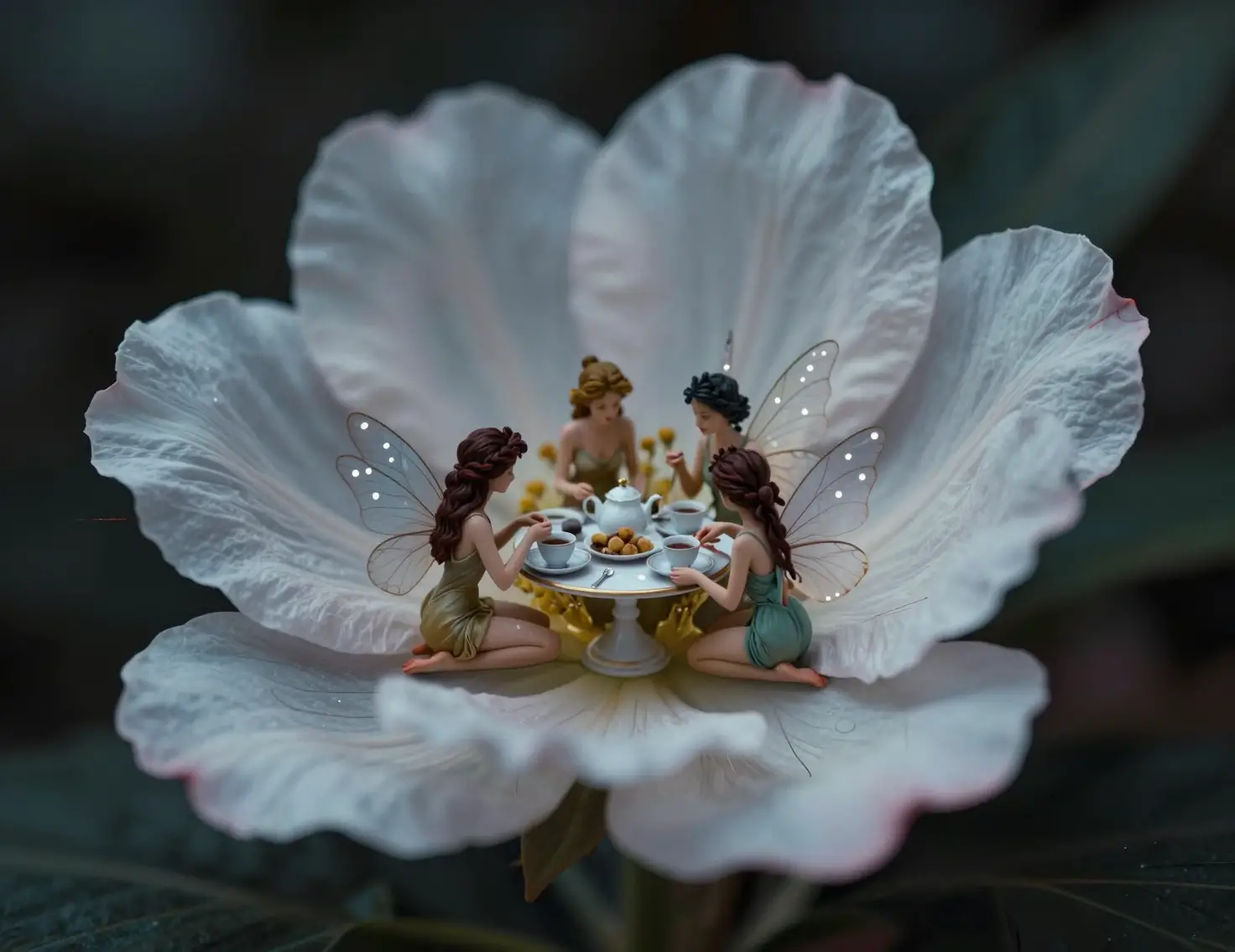 Three tiny fairies enjoying afternoon tea inside a blooming flower