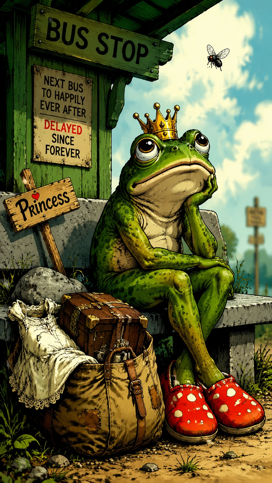 Melancholic Frog Prince Waiting At A Quiet Bus Stop