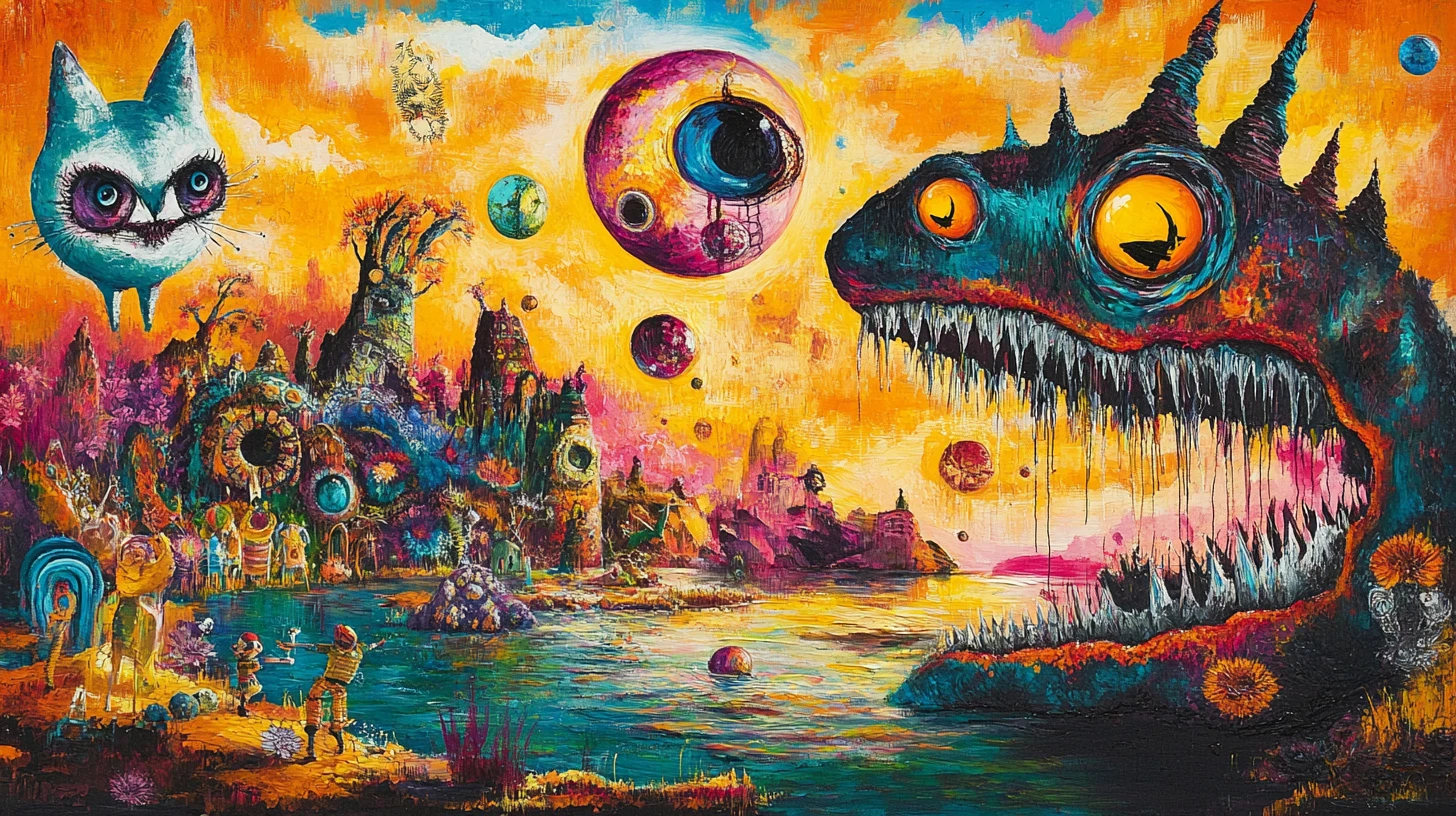 Surreal dreamscape with floating spheres over calm reflective water