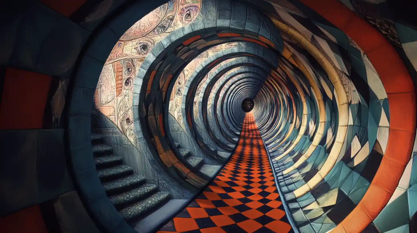 Surreal optical illusion scene with multiple layered images