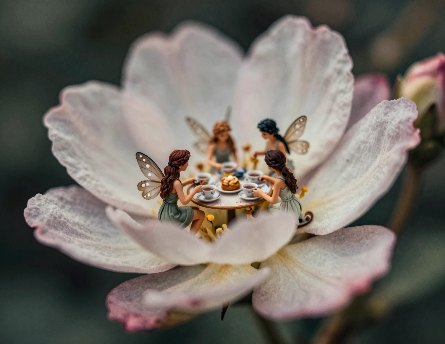 Three fairies having tea inside a blooming flower