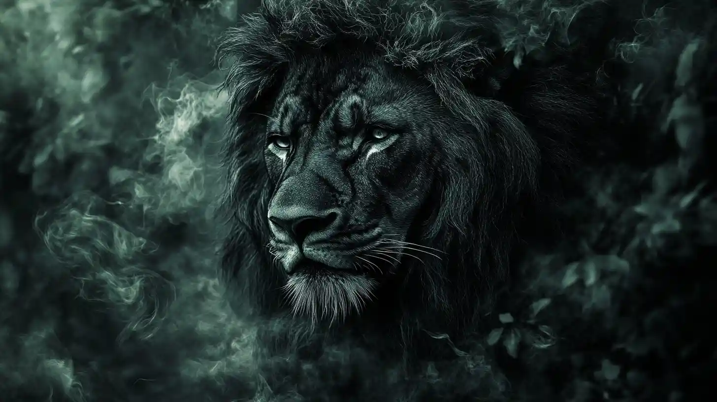 Surreal black lion illusion in a shifting abstract scene