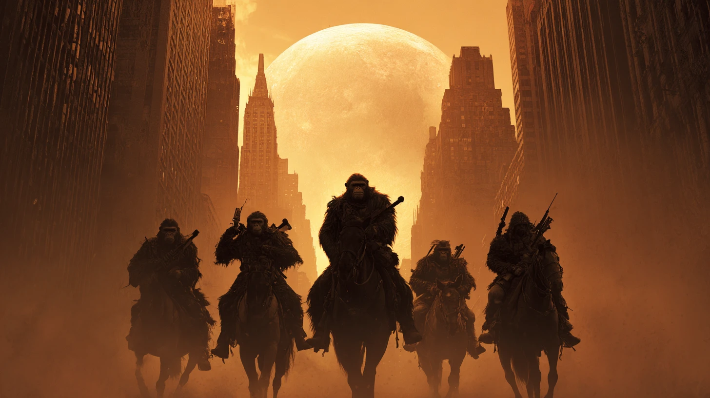 Warrior group in a ruined post apocalyptic New York street
