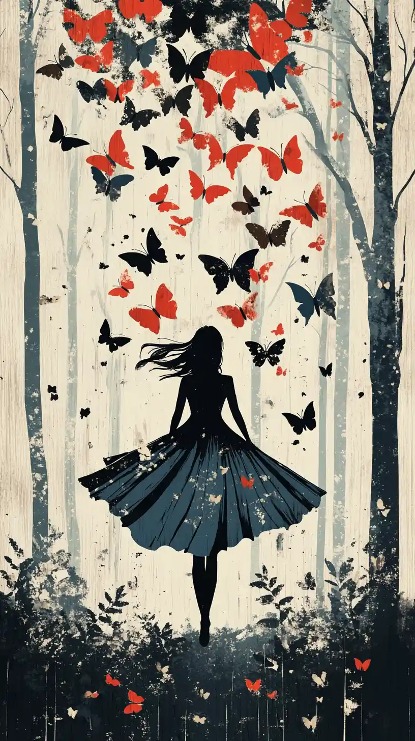 Surreal girl in a dissolving butterfly dress walking through forest