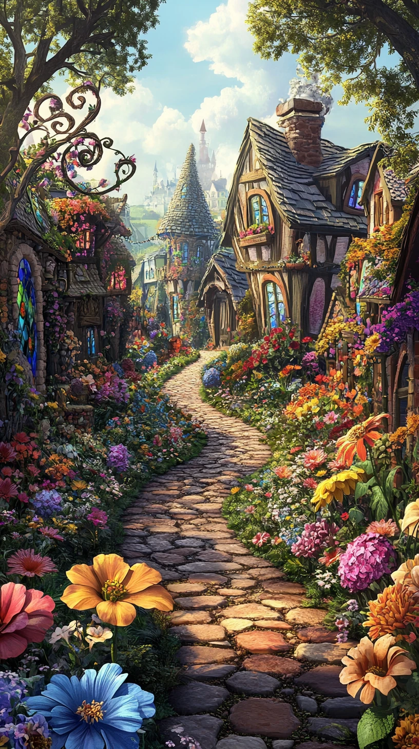 Whimsical Fantasy Village Garden With Curved Stone Path