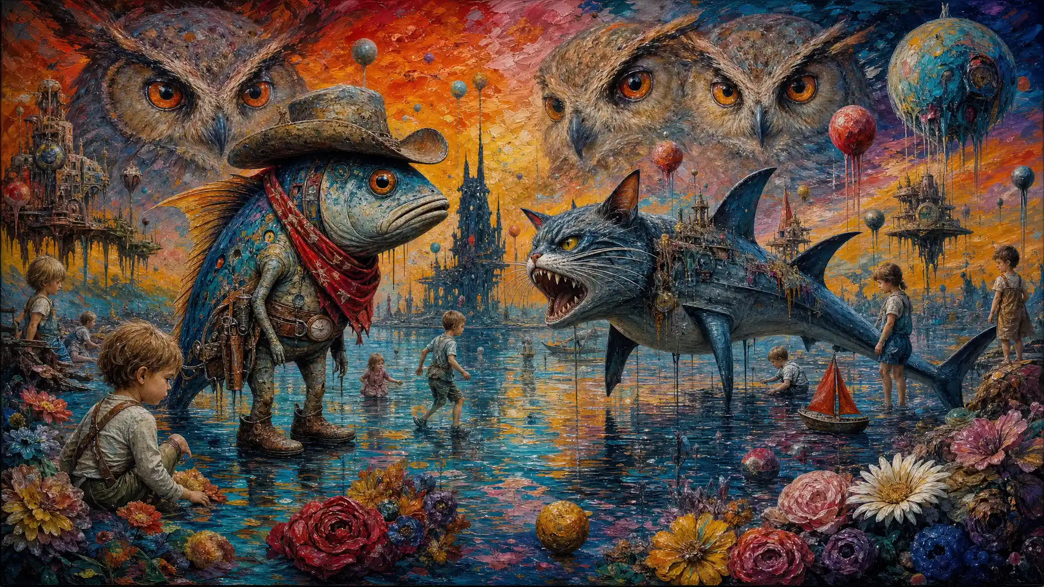 Surreal floating spheres over calm water in dreamlike color