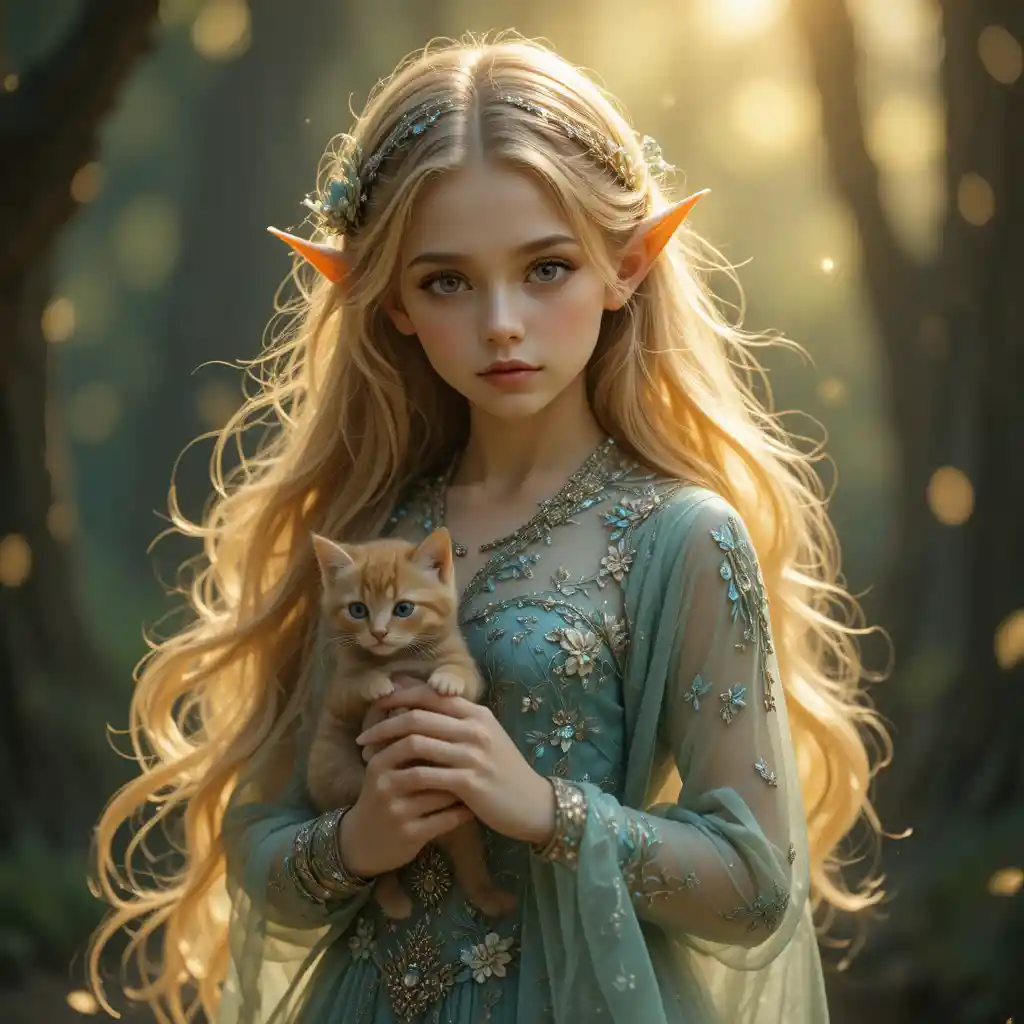 Elf girl holding a kitten in warm golden light