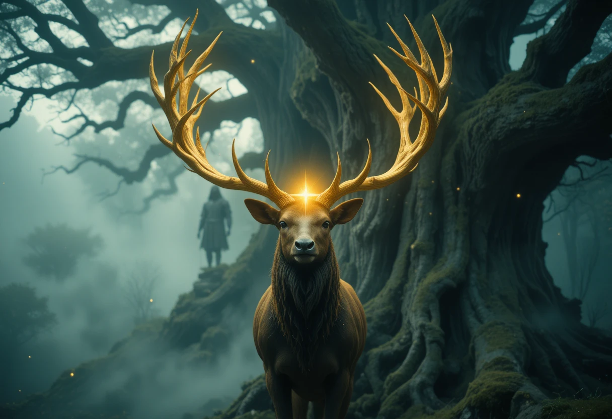 Mythical nordic stag before ancient world tree