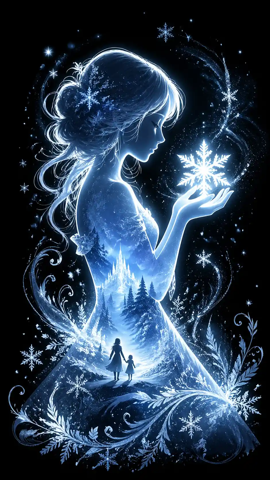 Glowing silhouette girl holding a radiant winter snowflake