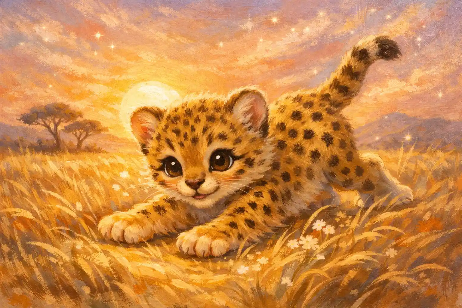 Baby cheetah cub playing in golden savanna at sunset