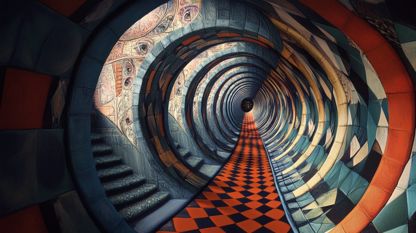 Surreal optical illusion scene with multiple layered images
