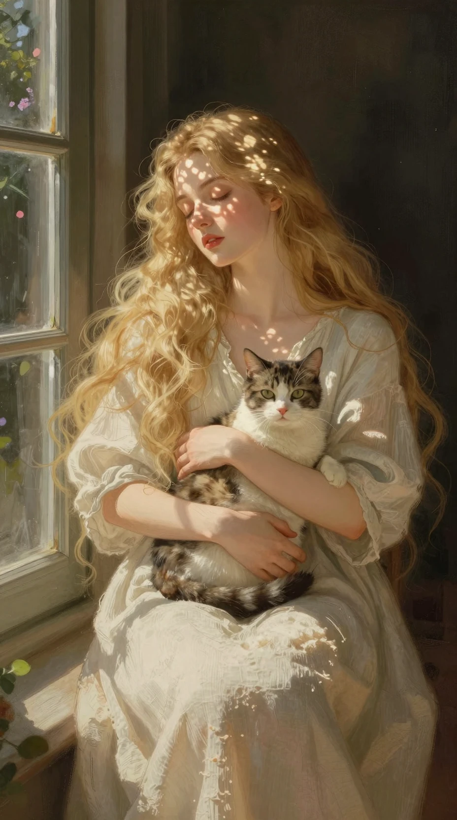 Mujer rubia descansando con un gato junto a una ventana iluminada por el sol
