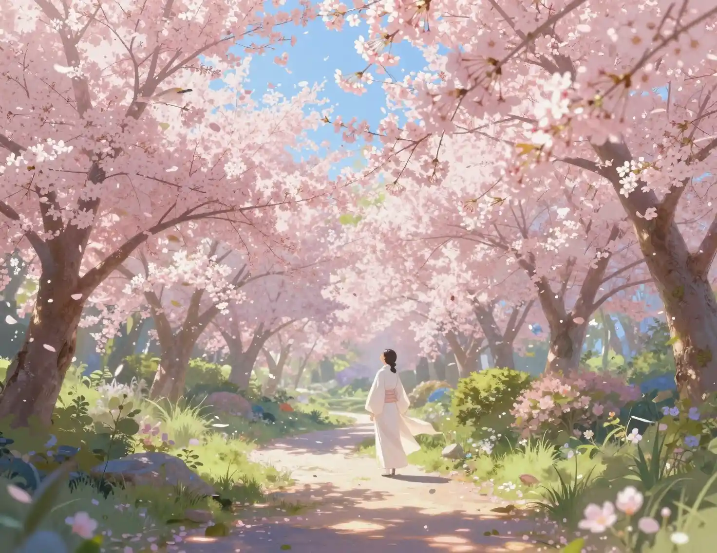 Peaceful garden path under blooming cherry trees