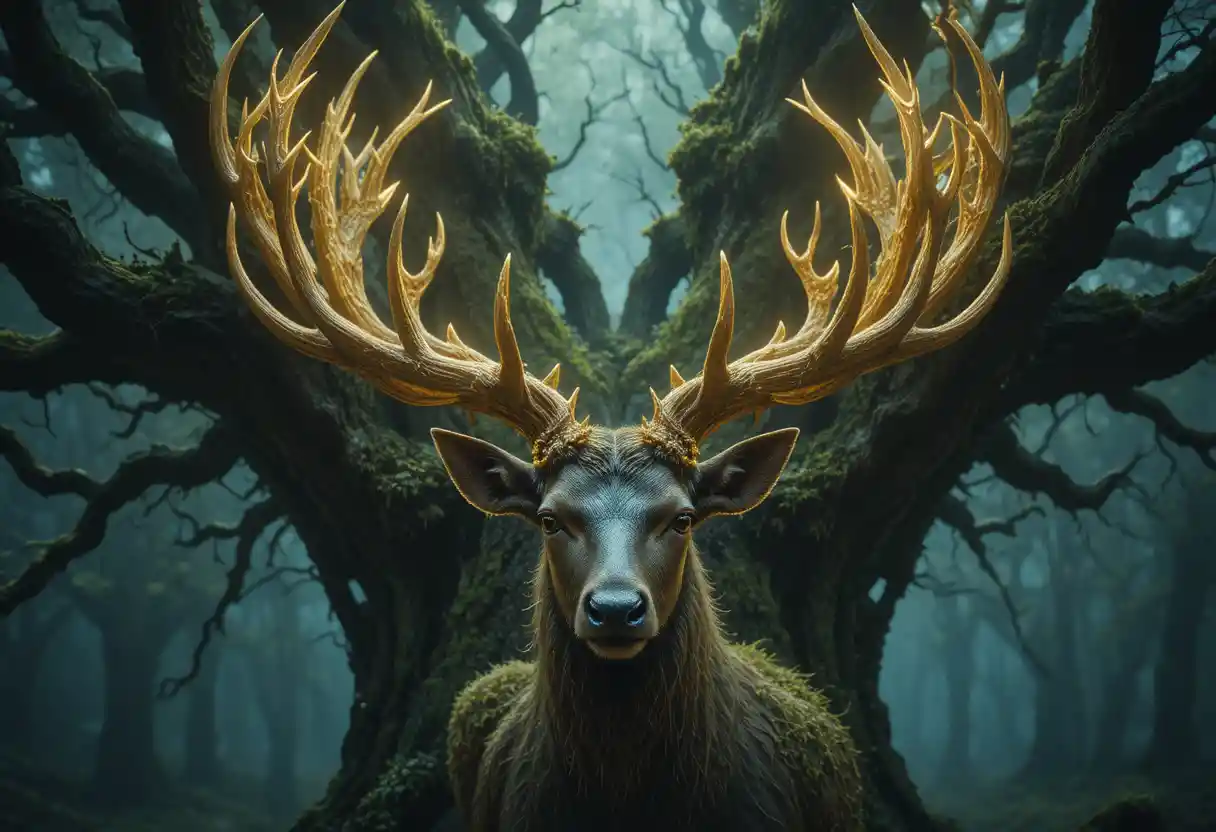 Mythical stag with glowing antlers in a shadowy forest