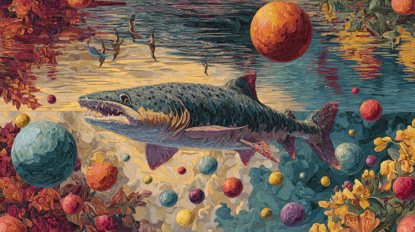 Surreal dreamscape with floating spheres over calm reflective water