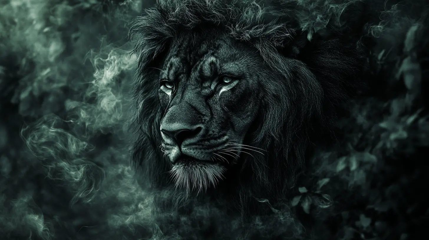Surreal black lion illusion in a shifting abstract scene