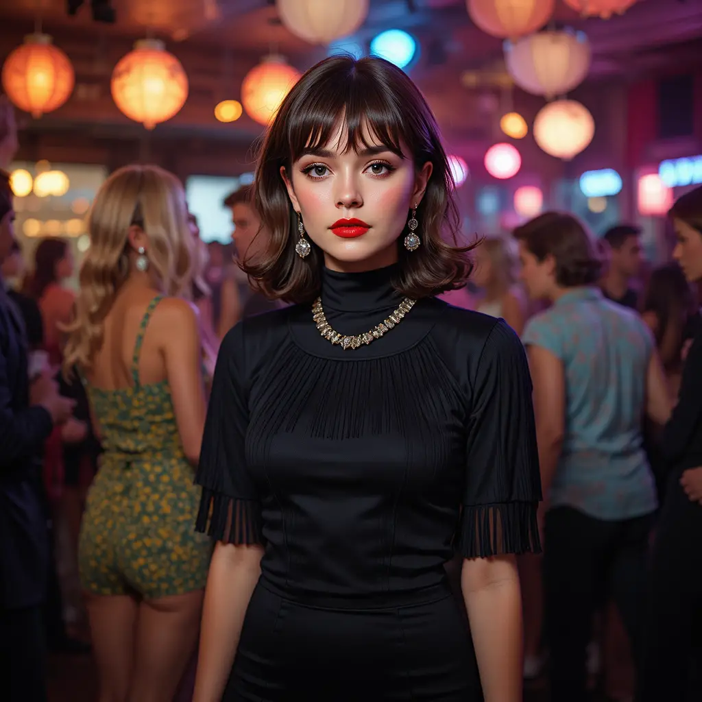 Donna con abito mod anni ’60 in una vivace sala da ballo