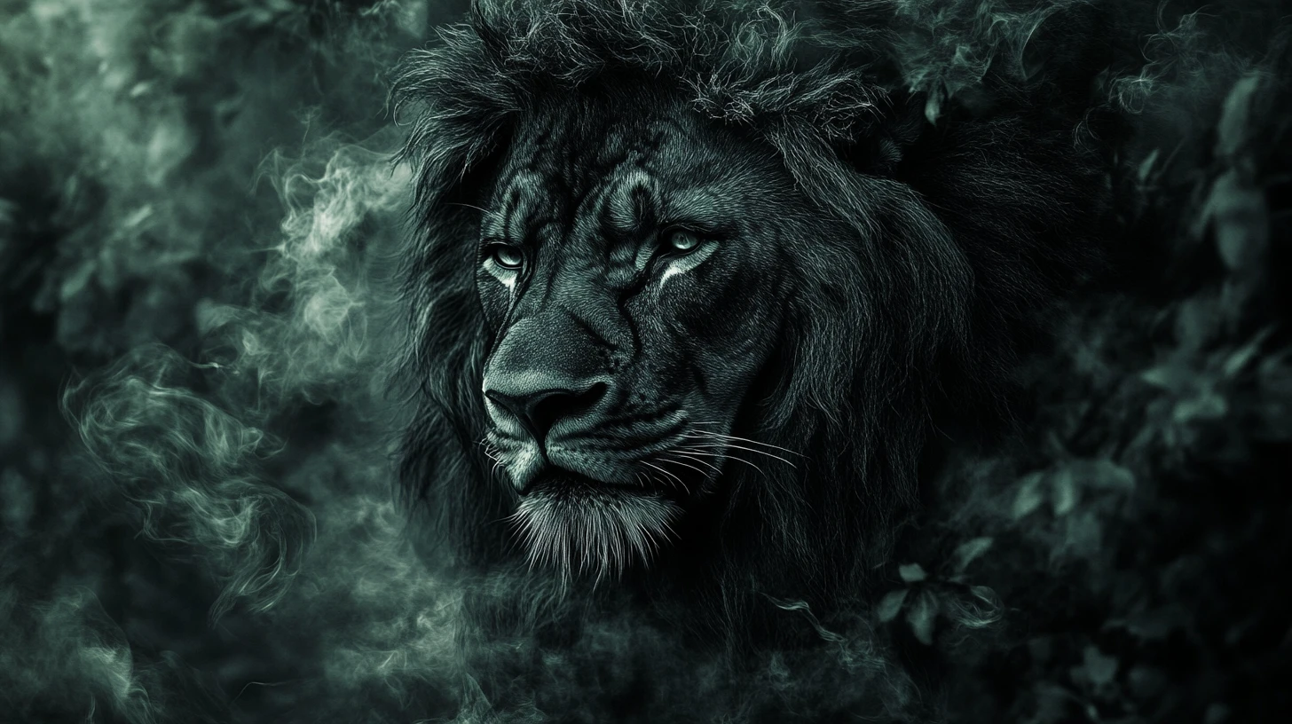Surreal black lion illusion in a shifting abstract scene