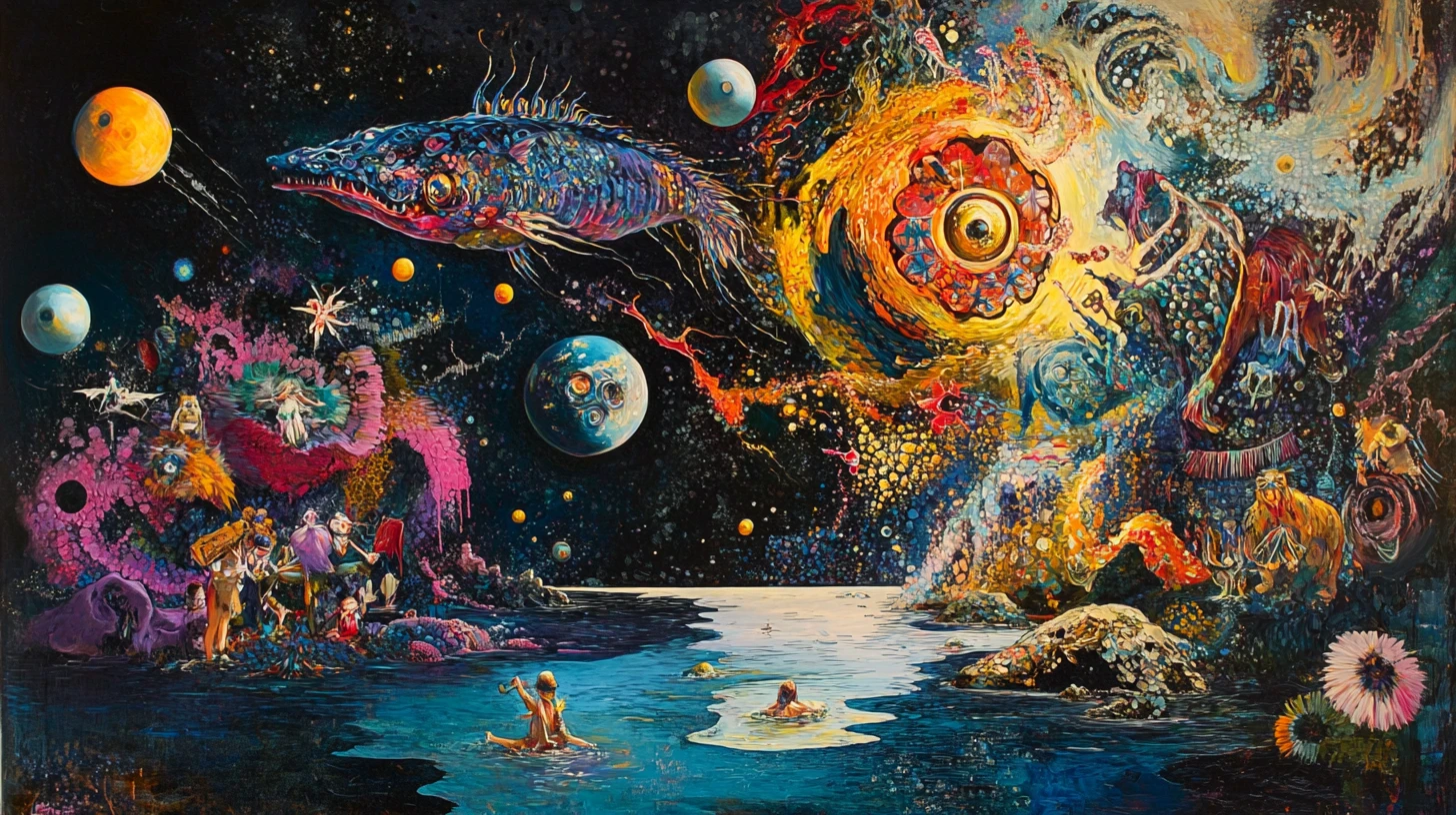 Paisagem onírica surreal com esferas flutuantes sobre água calma e reflexiva