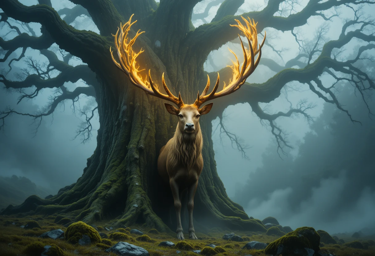 Mythical stag before ancient tree in swirling mist