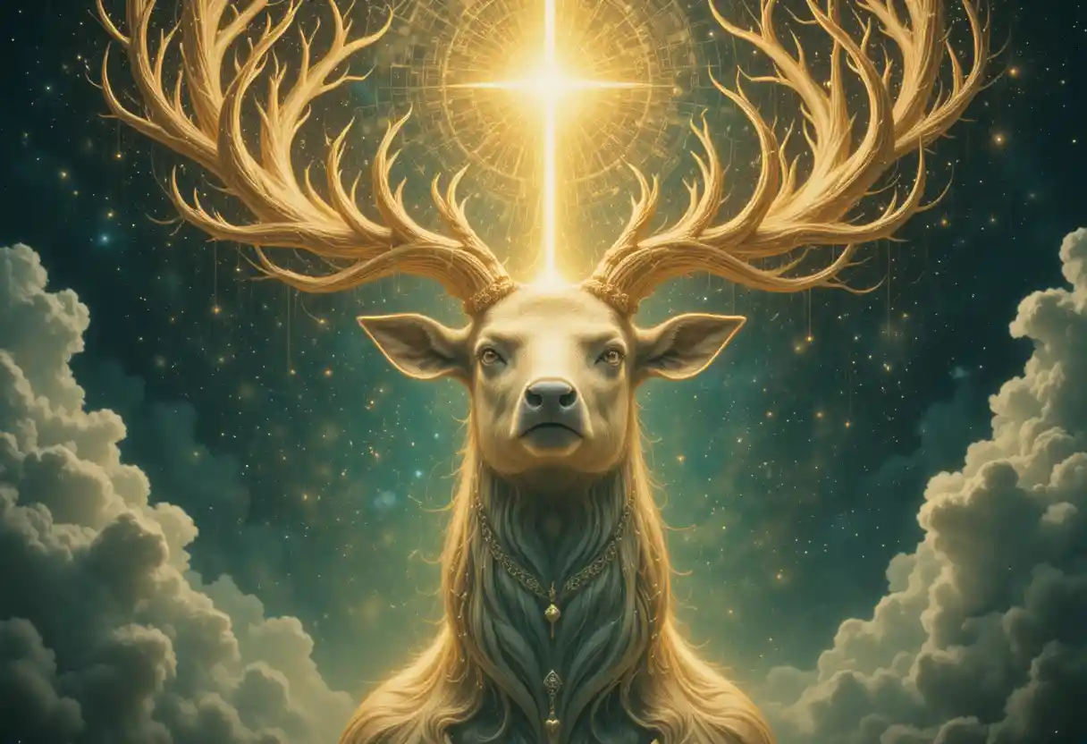 Cosmic stag deity fused with the radiant world tree