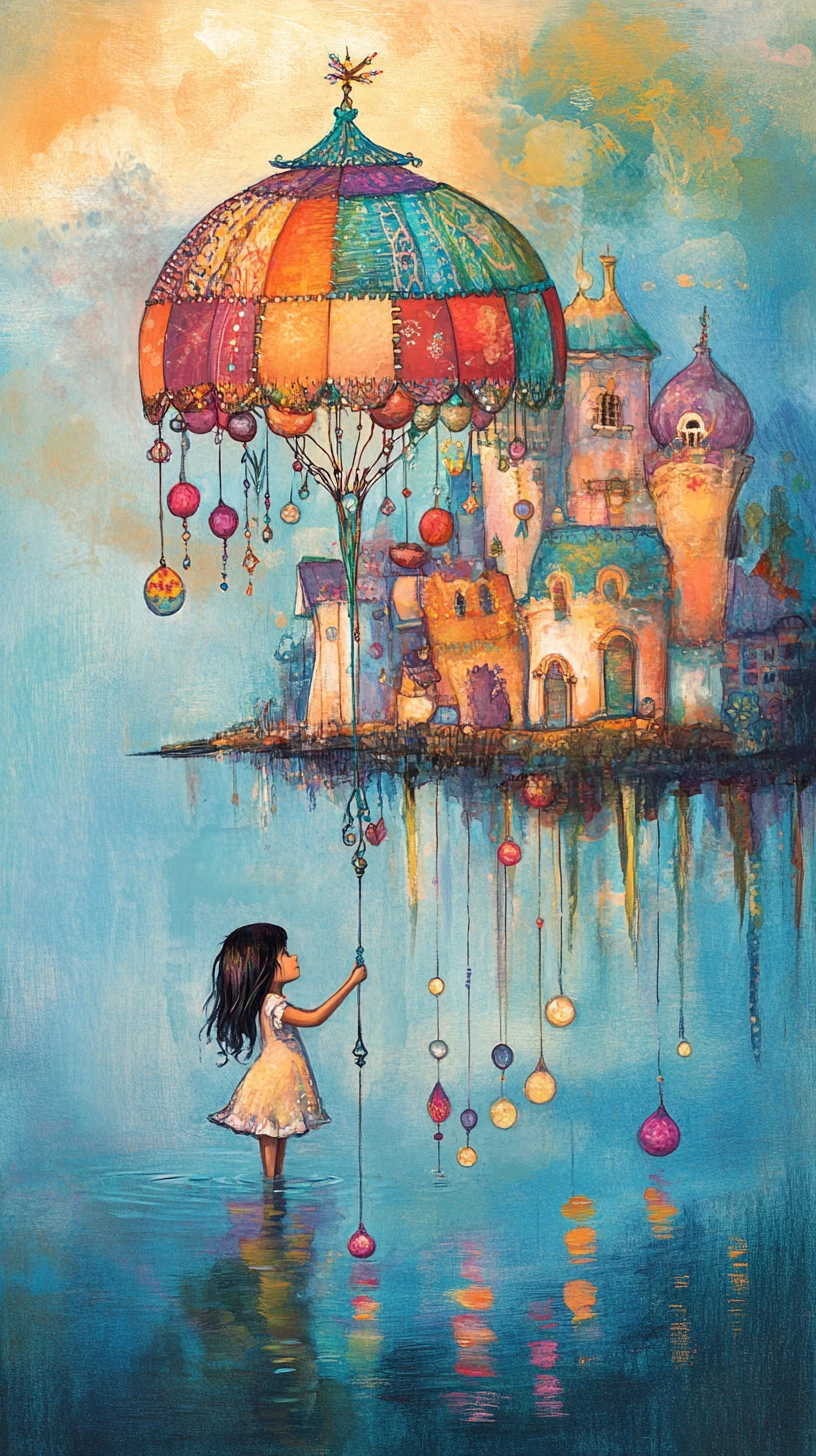 Young girl decorating a colorful umbrella by water