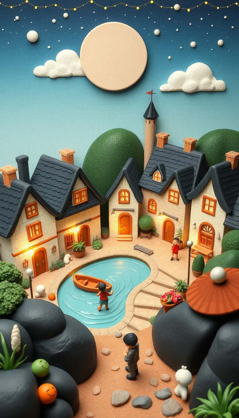 Childlike clay illustration of a quaint village street