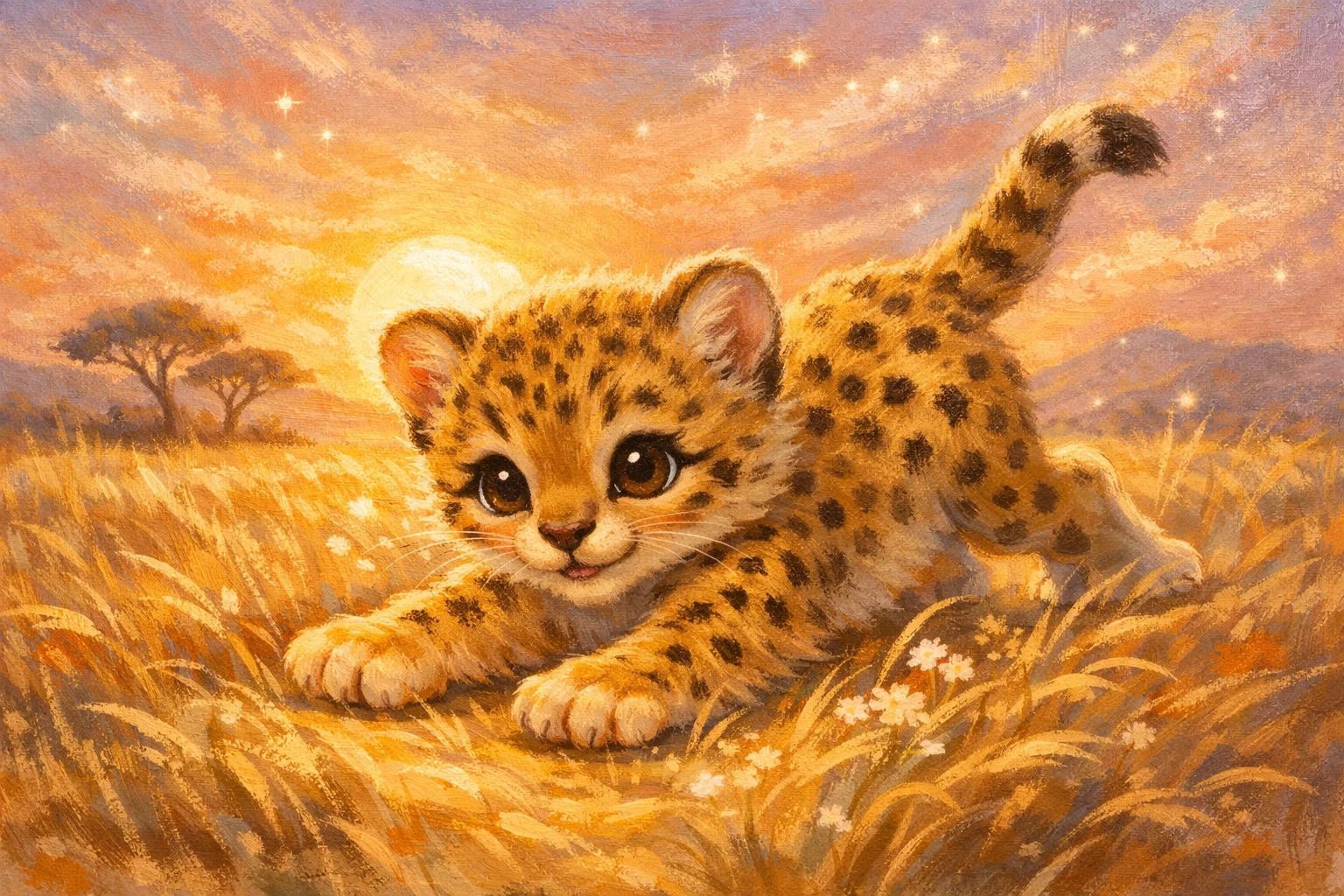 Baby cheetah cub playing in golden savanna at sunset
