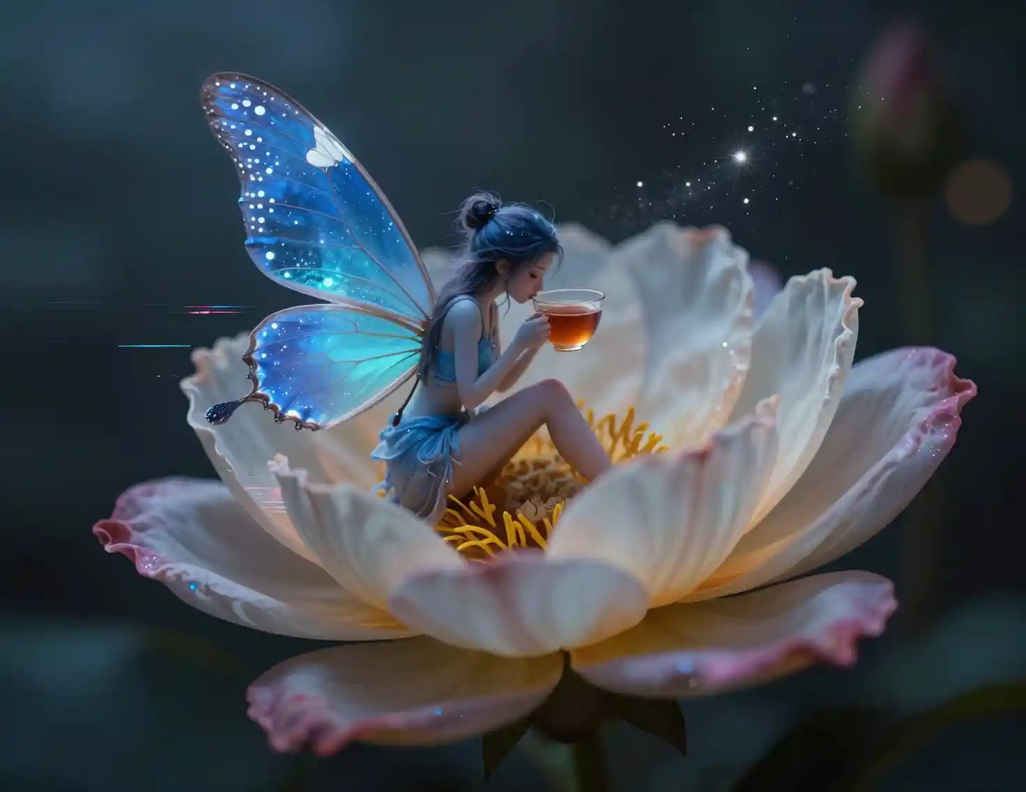 Blue fairy sipping tea inside a blooming flower