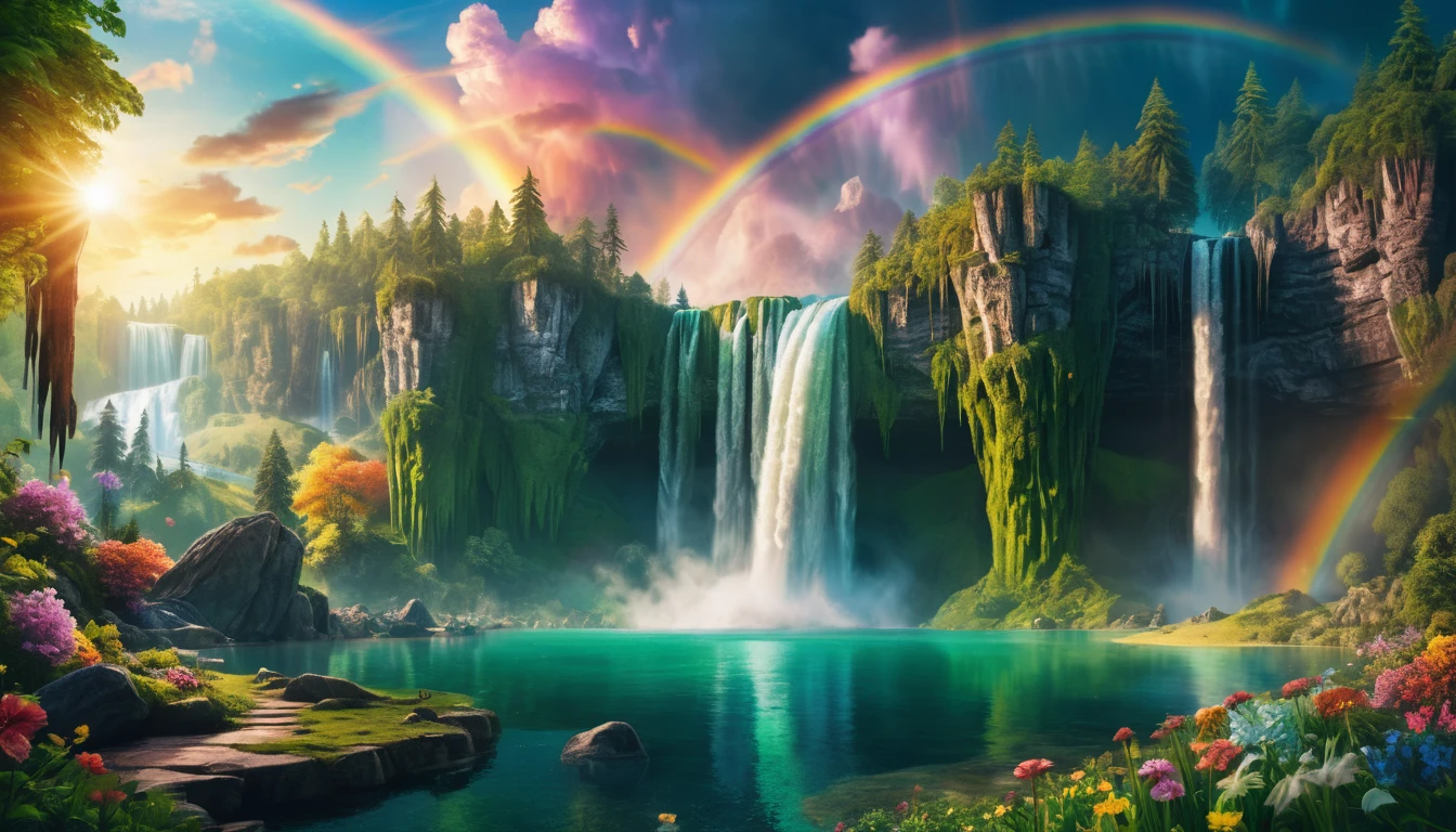 Majestic fantasy waterfalls over an emerald crystal lake
