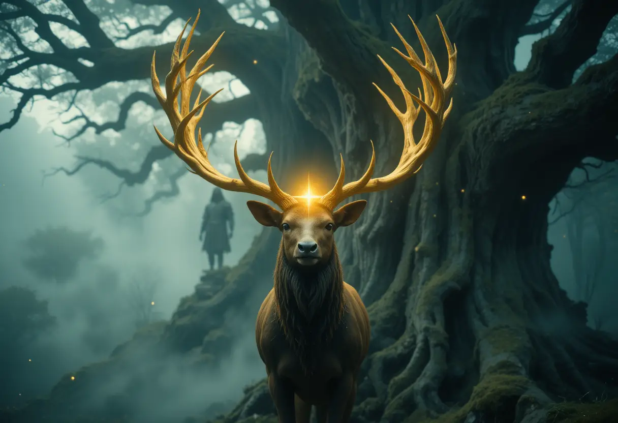 Mythical nordic stag before ancient world tree