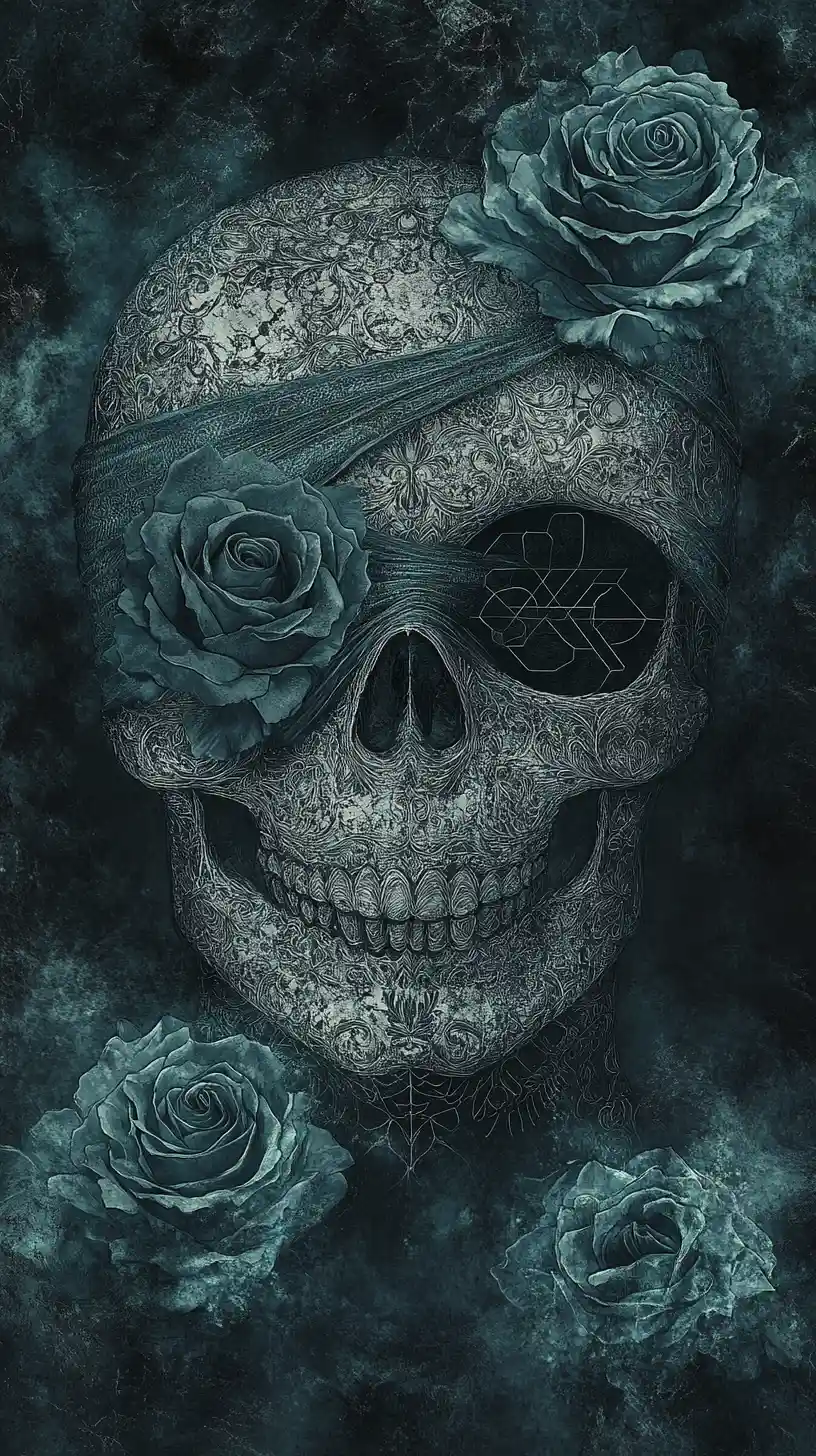 Blindfolded gothic skull with roses and sacred geometry